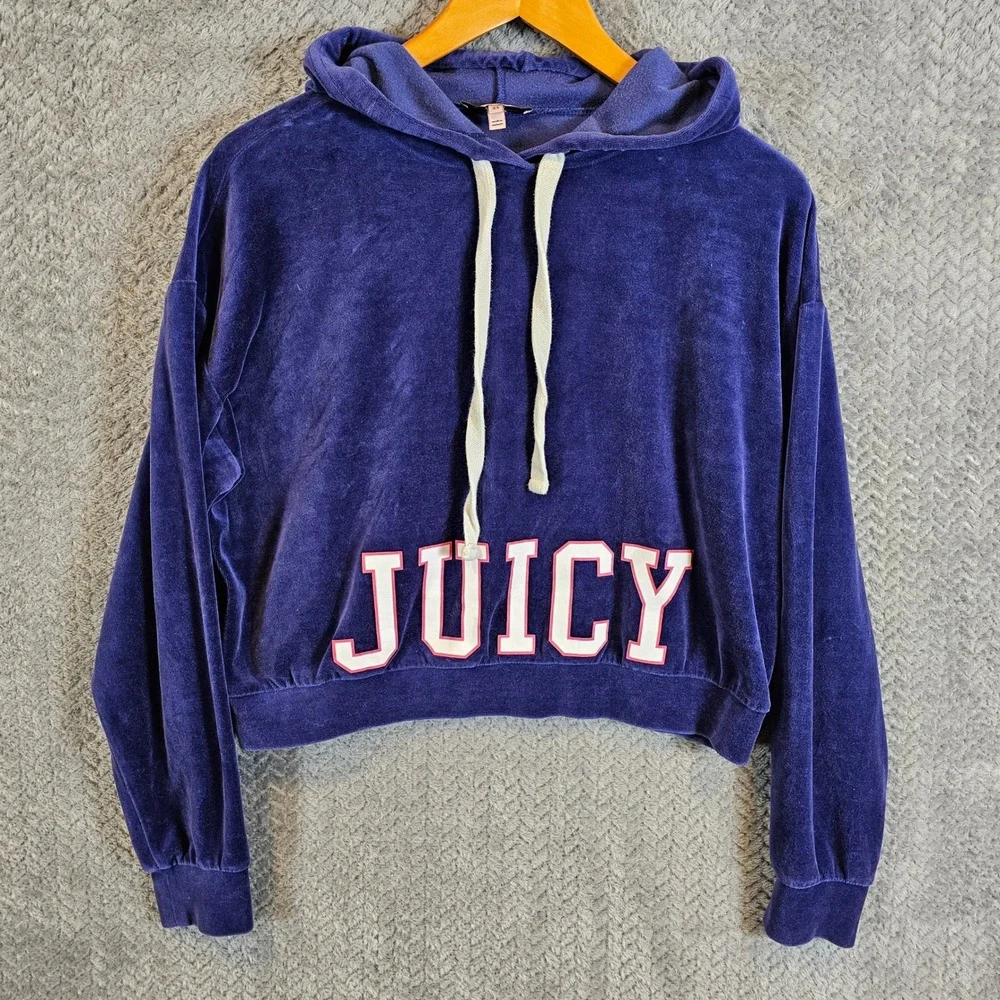 Juicy Couture Purple Velour Cropped Hoodie‎ Graphic Logo Sweatshirt Womens XS